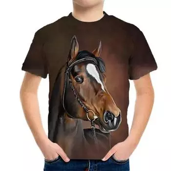 Одежда для детей и мальчиков с круглым вырезом Детская одежда Футболки с рисунком лошади для мальчиков Летняя детская одежда Модные топы Футболки для мальчиков и детей 100CM