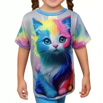 Одежда для девочек 3D-принт с милым котом, круглым вырезом, короткими рукавами, графические футболки, летняя уличная мода, футболки для детей 100