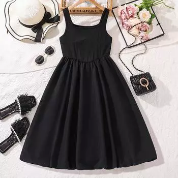 Одежда для девочек 7-12 лет летняя новая юбка для детей среднего и большого размера платье средней длины на бретельках повседневные платья 130cm/8Y чёрный