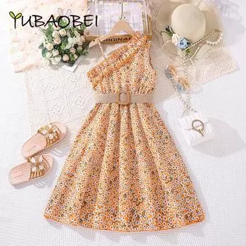 Одежда для девочек 8-12 лет, лето 2024, новое детское платье на одно плечо с принтом, модные пляжные платья с цветочным принтом 8Y белый