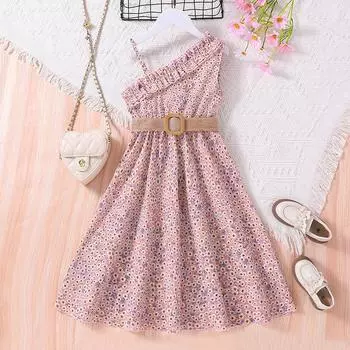 Одежда для девочек 8-12 лет, платье для маленьких девочек, новые летние платья на одно плечо с бретелькой на шее, платья для детей среднего и старшего возраста 130cm жёлтый