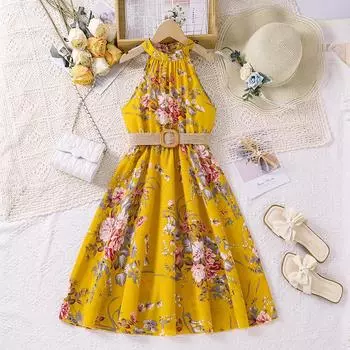 Одежда для девочек 8-12 лет, платье для маленьких девочек, новые летние платья на одно плечо с бретелькой на шее, платья для детей среднего и старшего возраста 130cm жёлтый