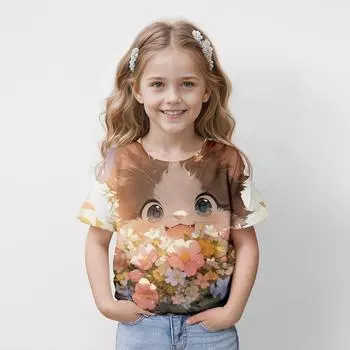 Одежда для девочек Детские футболки с коротким рукавом 3D принт с изображением мультяшного кота Милая одежда для девочек Детская летняя одежда Повседневный топ с круглым вырезом 100