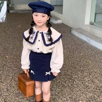 Одежда для девочек, детский комплект, весенне-осенняя рубашка с длинными рукавами и юбкой с вышивкой, детский модный костюм из 2 предметов для детей от 2 до 8 лет 8T синий
