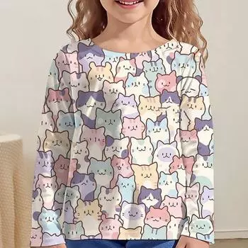 Одежда для девочек Футболка для девочек Kawail Animals Cats Print Long Sleeve Kids Autumn Clothes Fashion Casual Boy Girl Cute Round Neck Tops 100cm