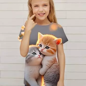 Одежда для девочек Футболка для девочек с коротким рукавом Детский топ с принтом мультяшного кота Kawaii Круглый вырез Детская осенняя одежда Детская одежда 100