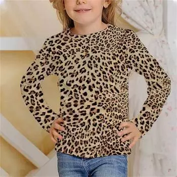Одежда для девочек Футболка для девочек с длинным рукавом, тигровая шкура, леопардовый принт, 3D-принт, детская осенняя одежда, модный креативный топ с круглым вырезом для мальчиков и девочек 170