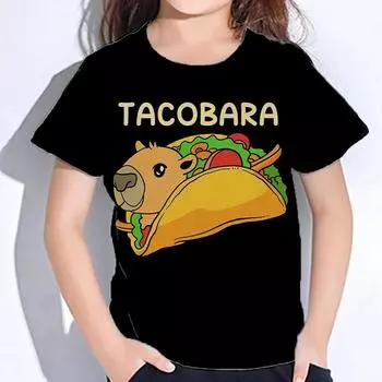 Одежда для девочек Футболки для детей с принтом в виде букв капибары Детская летняя одежда Черная футболка с коротким рукавом для мальчиков и девочек Уличная одежда Топы 100