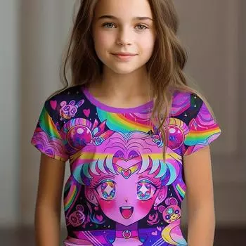 Одежда для девочек Футболки для девочек Топы с коротким рукавом Детская летняя одежда Футболки с принтом в виде мультфильмов и аниме Детская одежда 100