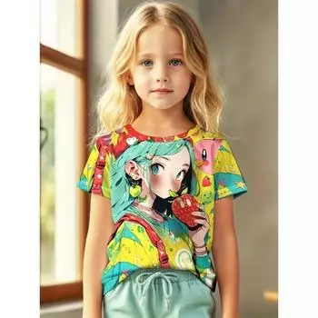 Одежда для девочек Футболки для девочек Топы с коротким рукавом Детская летняя одежда Мультяшные аниме-принты Детская одежда с круглым вырезом 160