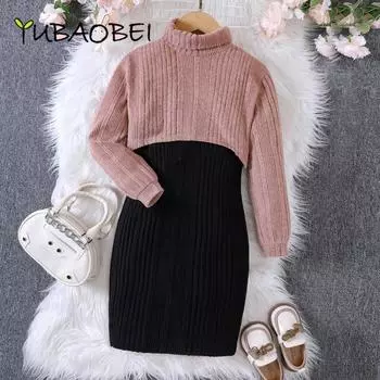 Одежда для девочек, комплект из свитера и платья, модный детский трикотажный топ с высоким воротом + костюм для платья 140cm хаки