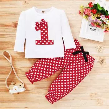 Одежда для девочек, комплект одежды, детский комплект из топа с длинными рукавами с принтом «номер один» и брюк в горошек для девочек 100