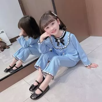 Одежда для девочек Комплекты одежды весна и осень Французский ароматный стиль Комплект из 2 предметов для детей Модная детская одежда 140cm синий