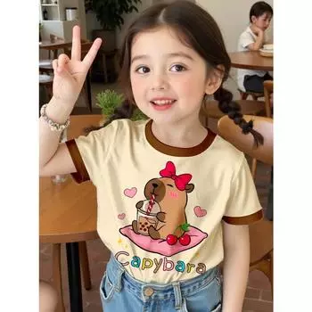 Одежда для девочек Летняя футболка с 3D-принтом Кавайный графический кот Детская одежда для девочек для улицы с коротким рукавом Повседневный детский топ для девочек 100