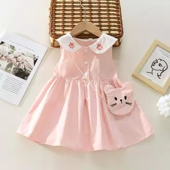 Одежда для девочек, лето 2023, детские повседневные платья принцессы с вышивкой и кроликом с сумкой, детское тонкое хлопковое платье на пуговицах 18M розовый