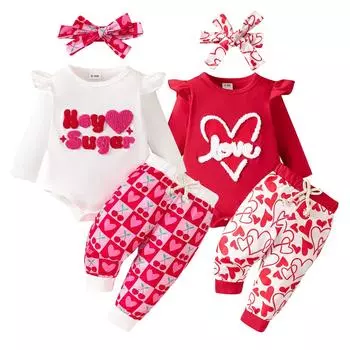 Одежда для девочек, младенцев, маленьких детей, с длинными рукавами, вышитыми сердечками, длинные штаны, повязки для волос, комплект из трех предметов 0 красный