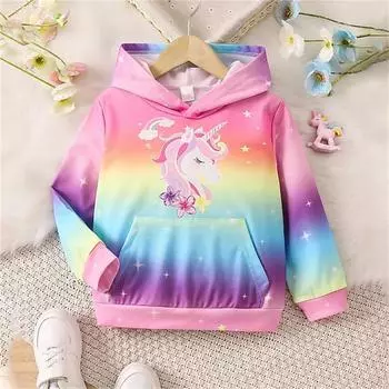 Одежда для девочек Мультяшный Радужный Единорог Зимняя одежда для девочек-подростков Верхняя одежда для детей Модная верхняя одежда Детская толстовка 100