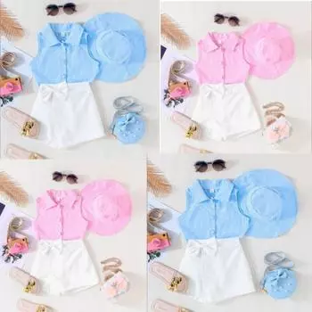 Одежда для девочек. Новый модный полосатый топ для девочек + юбка до середины тела + шляпа. Костюм-тройка для девочек. 3Y синий