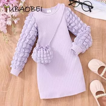 Одежда для девочек, осеннее платье с длинными рукавами, однотонное платье для детей, платья с сумкой, вязаный свитер принцессы, длинное платье 5Y чёрный