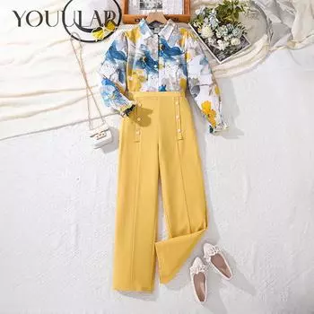 Одежда для девочек. Осенняя детская одежда. Новые рубашки с длинными рукавами и брюки с принтом. Костюмы из 2 предметов. От 7 до 12 лет. 8Y жёлтый