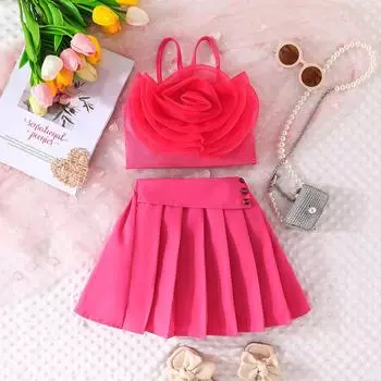 Одежда для девочек от 3 до 8 лет, юбка, комплект из двух предметов, модный милый женский топ с лямкой на шее + плиссированная юбка, комплект из двух предметов 3Y розовый