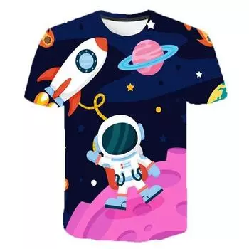 Одежда для девочек от 9 до 12 лет, футболка с рисунком космонавта и космоса, летние детские топы с короткими рукавами, детская футболка, футболки для мальчиков 110