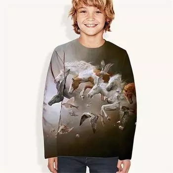 Одежда для девочек-подростков с принтом лошади 3D от 8 до 10 лет, детская футболка с длинным рукавом для мальчиков, детская одежда, топы из полиэстера 2023 100