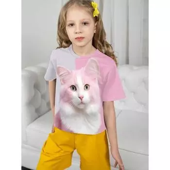 Одежда для девочек, розовая футболка с милым котенком и 3D-принтом, детский топ с круглым вырезом и короткими рукавами 110