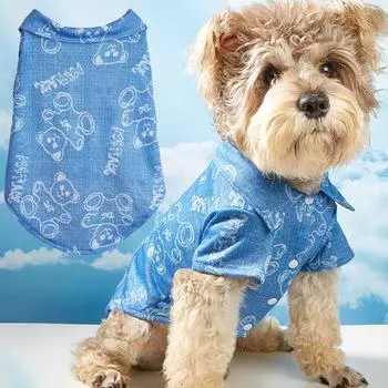 Одежда для домашних животных. Удобная невыцветающая синяя рубашка из искусственного денима с принтом медведя для домашних животных на открытом воздухе. S синий