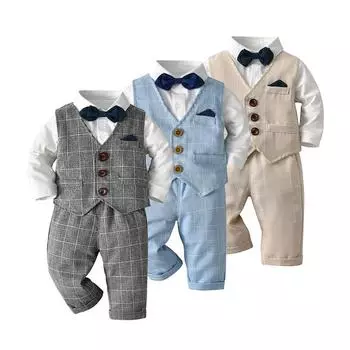 Одежда для джентльменов для маленьких мальчиков, рубашка для вечеринки по случаю дня рождения, топ с галстуком-бабочкой, жилет, брюки, костюм 70(3-6M) серый