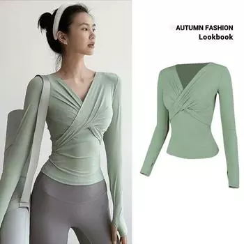 Одежда для йоги телесного цвета. Футболка с длинными рукавами. Топ. Осенняя одежда для занятий классическими танцами. Облегающая одежда с тонким V-образным вырезом. Одежда для спорта и фитнеса. S зелёный