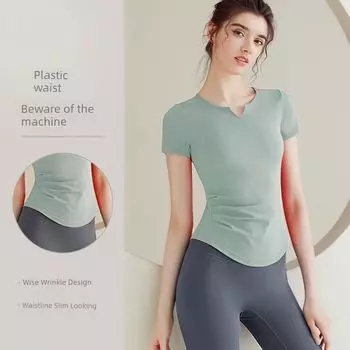 Одежда для йоги Топ Женская Верхняя одежда Формирование талии Профессиональные тренировки по пилатесу Бег Спорт Быстросохнущая футболка Фитнес-футболка Лето Green short sleeve S