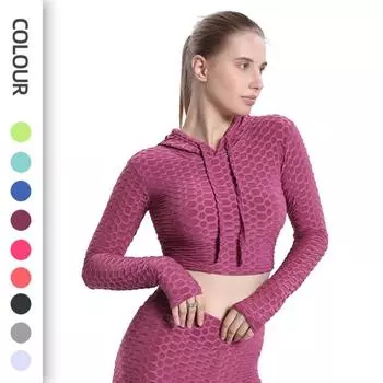 Одежда для йоги Жаккардовая сексуальная футболка с капюшоном и длинными рукавами Одежда для фитнеса Спортивный топ для йоги S зелёный