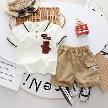 Одежда для мальчиков 0-5 лет детская одежда летняя модная хлопковая футболка с лацканами поло + детские брюки 2 фото 6-12m белый