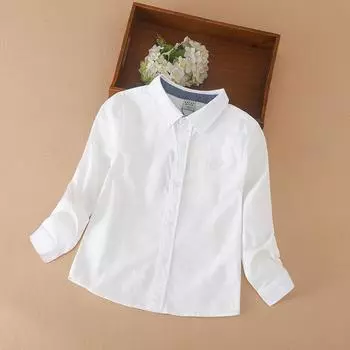 Одежда для мальчиков 2024 года, весна-осень, однотонные топы с длинными рукавами и отложным воротником, рубашки для детей в школьной форме для детей 5-12 лет 120 белый
