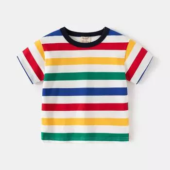 одежда для мальчиков 2025 летняя новая радужная полосатая футболка с короткими рукавами детская футболка в иностранном стиле верхняя часть 90cm