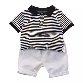 Одежда для мальчиков, 2 предмета, детские летние топы для маленьких мальчиков, футболка в полоску, однотонные брюки, шорты, одежда M/90
