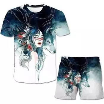 Одежда для мальчиков, детский комплект из 2 предметов, футболка с принтом волка и животных + короткие штаны, костюм, одежда для малышей, детская одежда с короткими рукавами 100