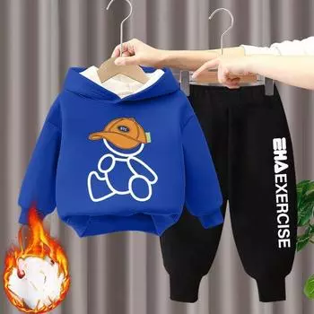 Одежда для мальчиков и девочек, толстовки, брюки, комплекты, детские, с героями мультфильмов, осень-зима, длинные рукава, флис, теплые кофты, комплекты из 2 предметов 150