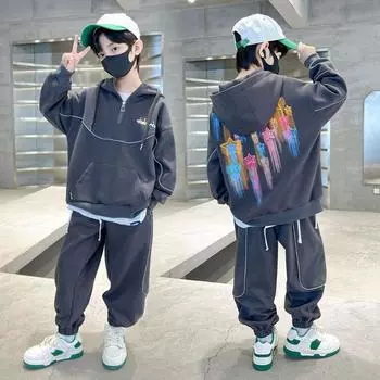 Одежда для мальчиков на весну и осень, спортивный костюм, детский свитер, толстовка + хлопковые спортивные штаны, комплект из 2 предметов, детский костюм, одежда для мальчиков 170 чёрный