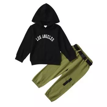 Одежда для мальчиков, наряды для младенцев, топы с длинными рукавами с капюшоном и принтом букв + штаны, комплект одежды для малышей на осень-зиму из 2 предметов 2XL