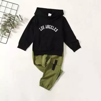 Одежда для мальчиков, наряды для младенцев, топы с длинными рукавами с капюшоном и принтом букв + штаны, комплект одежды для малышей на осень-зиму из 2 предметов 5-6Y
