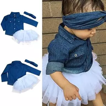 Одежда для маленьких девочек, джинсовая рубашка, топ + леопардовая юбка + повязка на голову, комплект из 3 предметов 80 белый