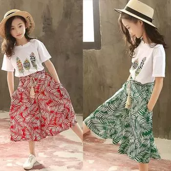 Одежда для маленьких девочек, футболка с короткими рукавами + повседневные длинные брюки с широкими штанинами 120