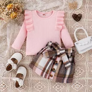 Одежда для маленьких девочек, комплект из топа и юбки с длинными рукавами, детский весенне-осенне-зимний наряд для маленьких девочек, одежда 3-4 Years розовый