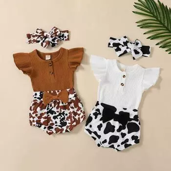 Одежда для маленьких девочек, комплект летней одежды для младенцев, комбинезон с рукавами и рюшами, штаны с цветочным принтом, боди из 3 предметов + шорты + повязка на голову 90
