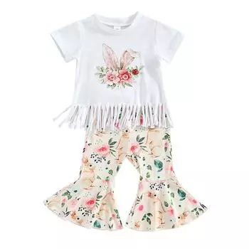 Одежда для маленьких девочек, комплект расклешенных брюк, детская одежда с цветочным мультяшным принтом 110