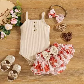 Одежда для маленьких девочек, комплекты одежды из 3 предметов, топ с бретелькой на шее, юбка, шорты с цветочным принтом, повязка на голову, летняя одежда 80