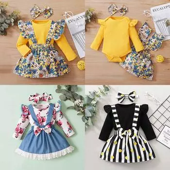 Одежда для маленьких девочек, костюм для младенцев, комбинезон с цветочным принтом и рюшами на рукавах, юбка-слинг с повязкой на голову, комплект из 3 предметов L/90