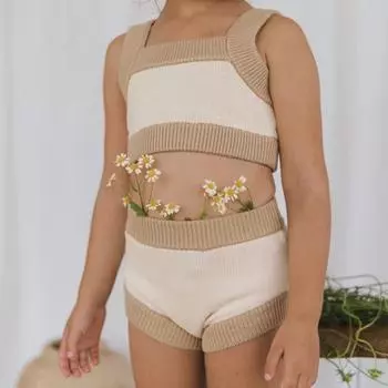 Одежда для маленьких девочек, костюмы контрастного цвета, вязаные топы без рукавов на бретелях, шорты с эластичной резинкой на талии, комплект из 2 предметов 6-9 Months коричневый